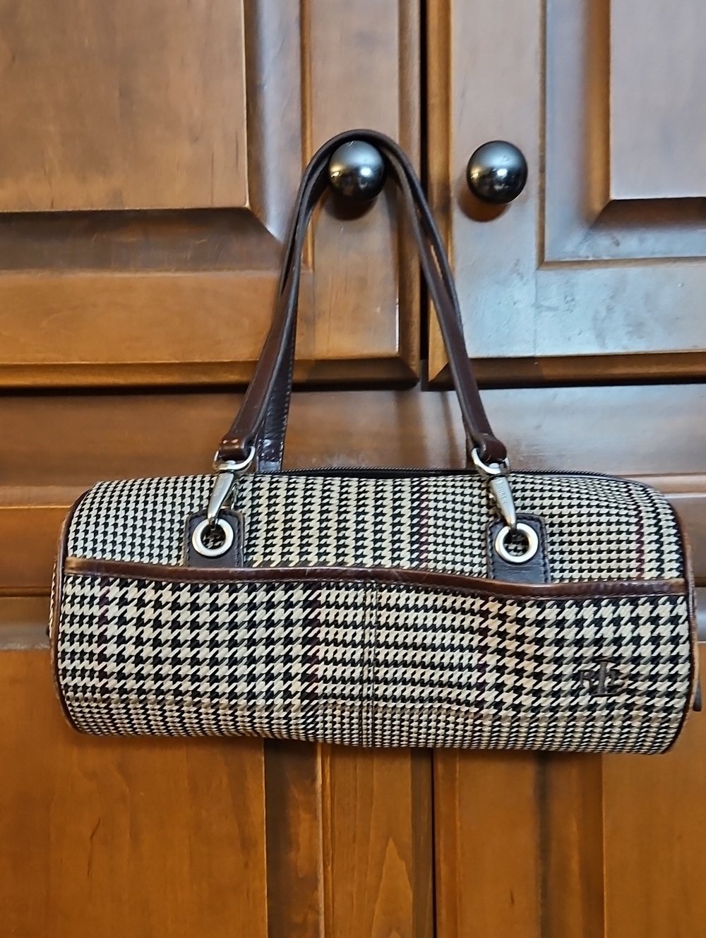 Ralph Lauren Brown and Black Houndstooth Barrel Tote - Shoulder Bag